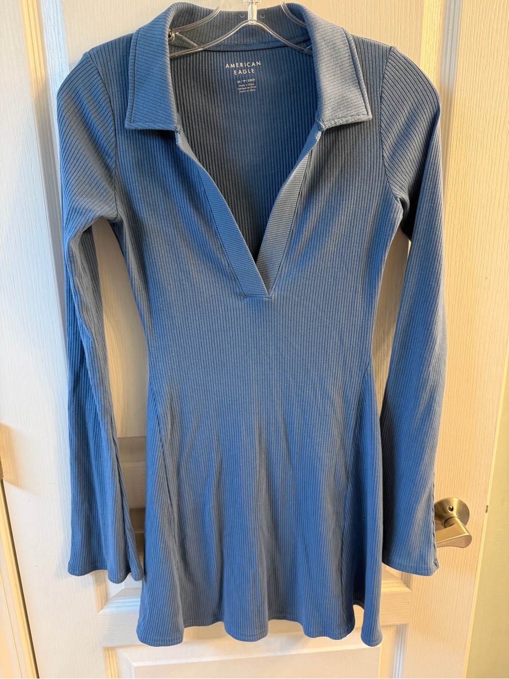 American Eagle Outfitters Slate Blue Ribbed Long-Sleeve Polo Dress